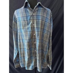 Vintage La Strada Mens Blue Tan Plaid Long Sleeve Button Down Shirt Casual Top